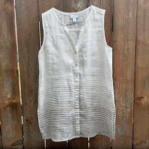 KENAR Womens White Gray Stripe Linen Sleeveless Button Down Tunic Top Medium